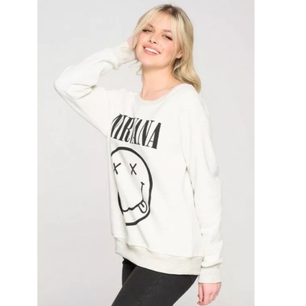 Cream Nirvana Smiley Face Band Graphic Sweatshirt - Picture 5 of 6